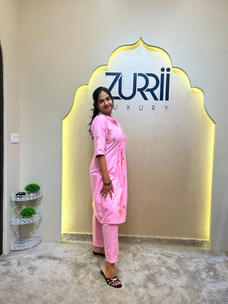 Pink Cotton Co-Ord Set with Thread Work