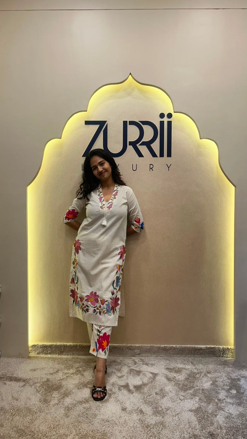 White Linen Kurta with Embroidery, Pant and Dupatta