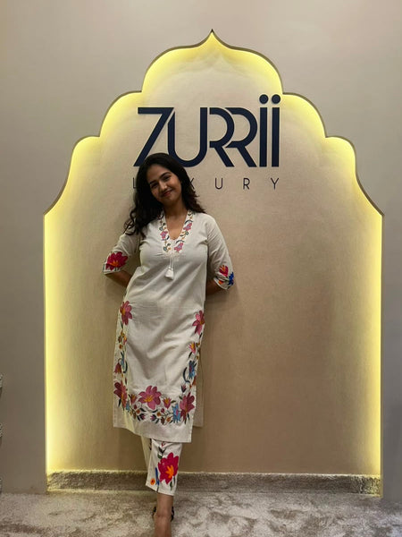 White Linen Kurta with Embroidery, Pant and Dupatta