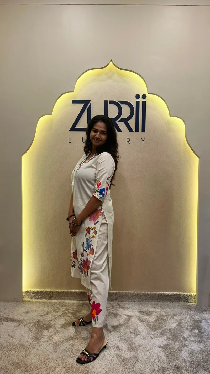 White Linen Kurta with Embroidery, Pant and Dupatta
