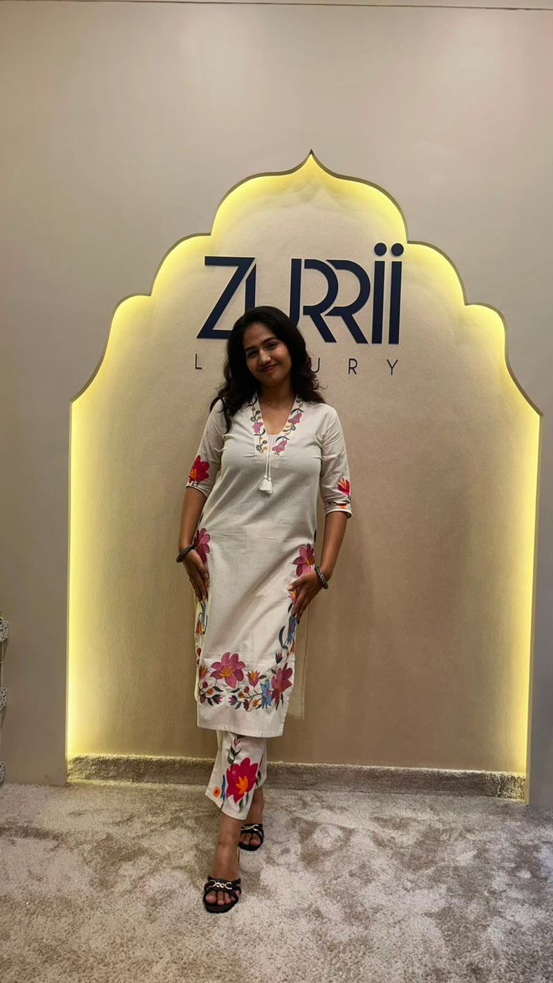 White Linen Kurta with Embroidery, Pant and Dupatta