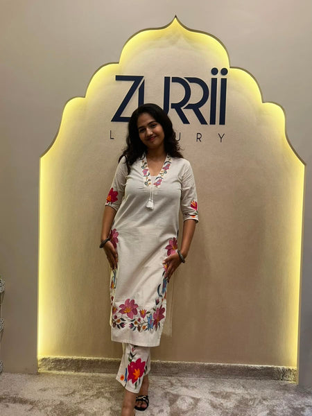 White Linen Kurta with Embroidery, Pant and Dupatta