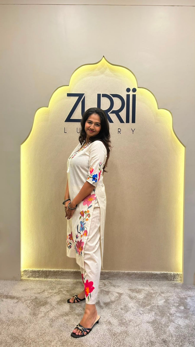 White Linen Kurta with Embroidery, Pant and Dupatta