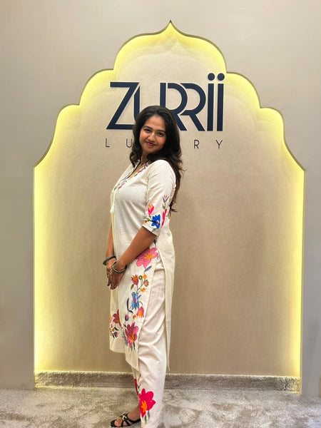 White Linen Kurta with Embroidery, Pant and Dupatta