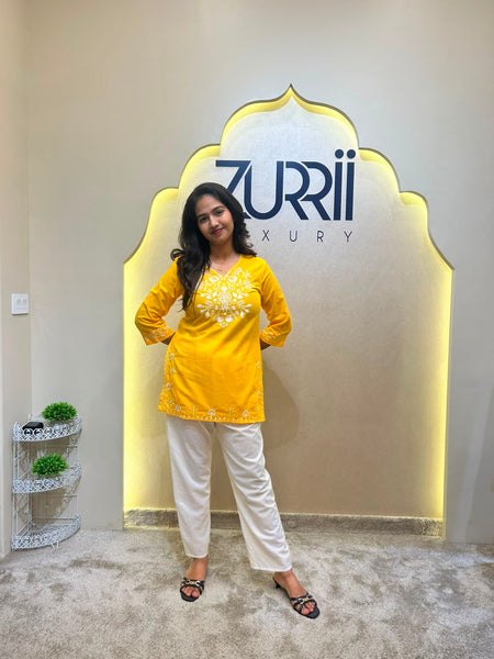 Yellow Co-Ord Set Kurta with White Pant