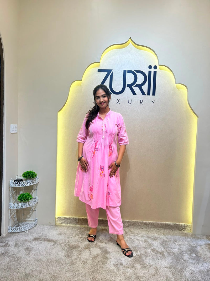Pink Cotton Co-Ord Set with Thread Work