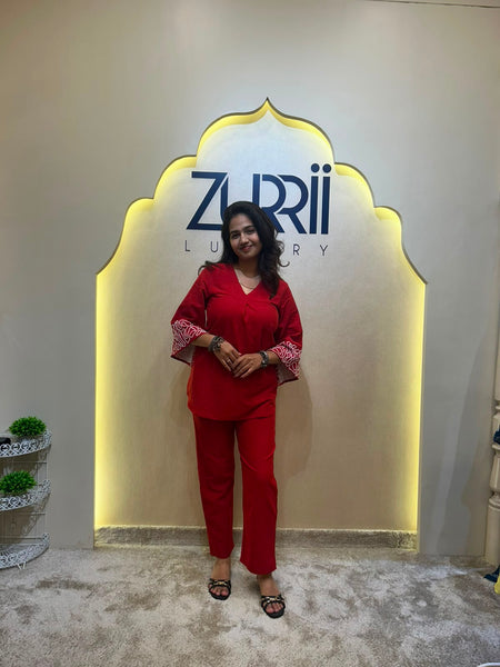 Cotton Red Co-Ord Set with Embroidery