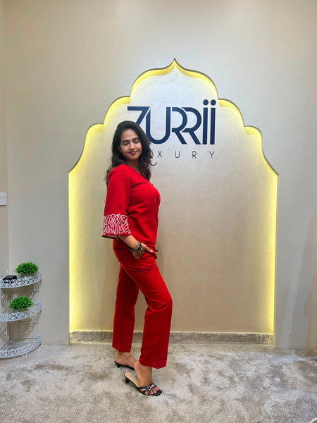 Cotton Red Co-Ord Set with Embroidery