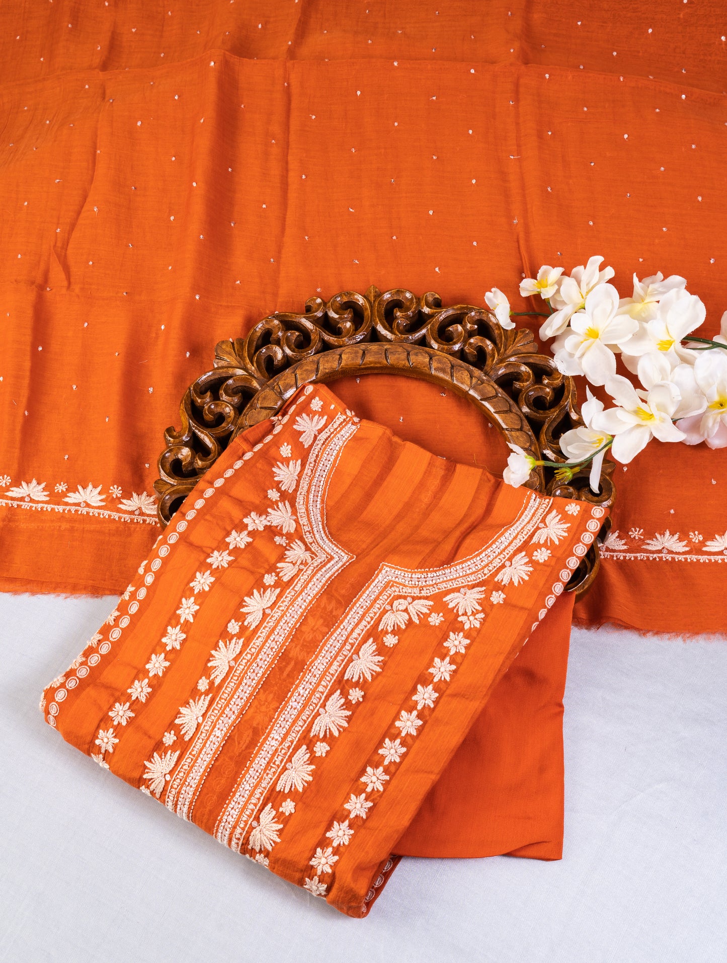 Orange Chikankari Mul Cotton Suit Set