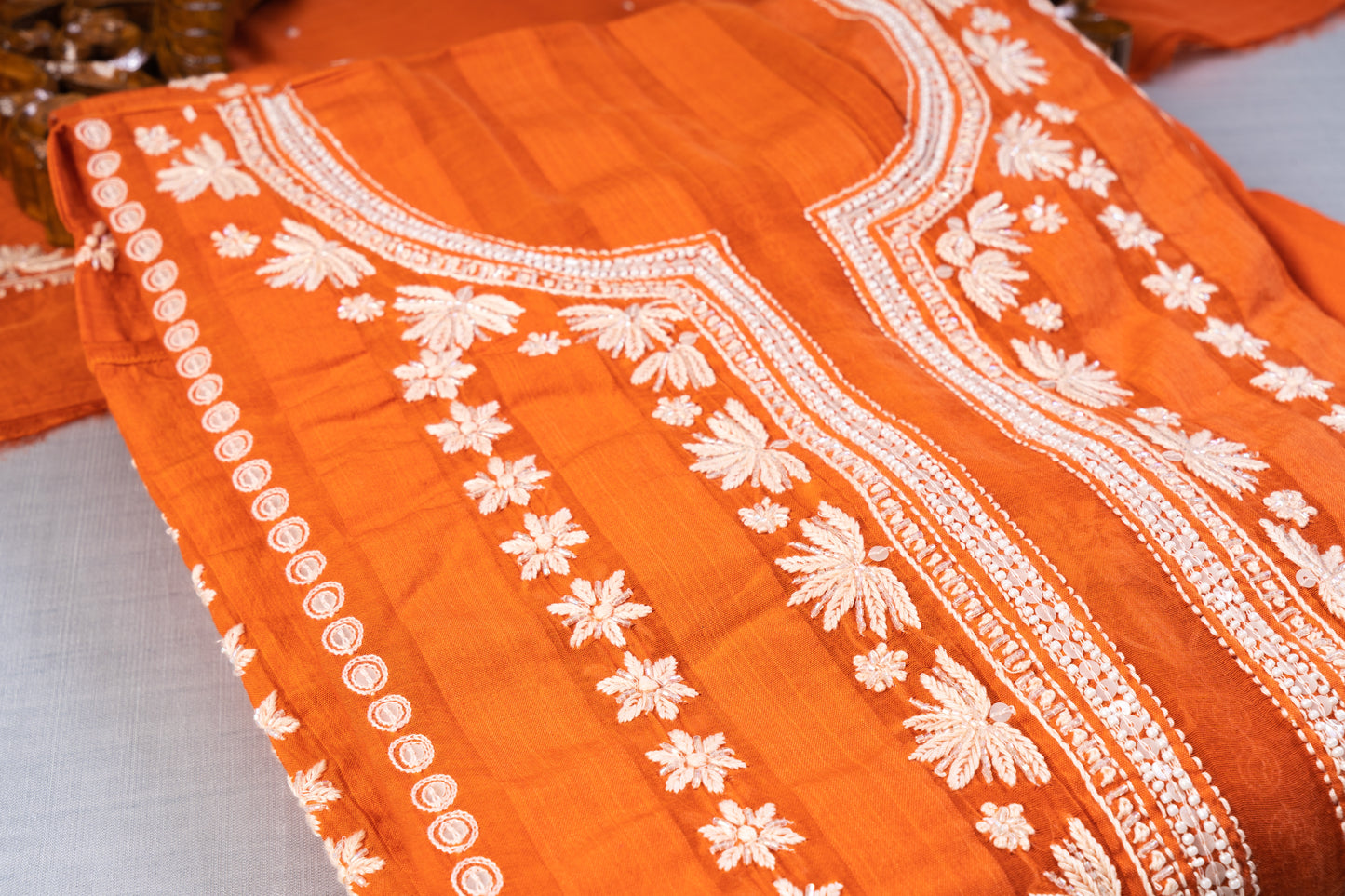 Orange Chikankari Mul Cotton Suit Set