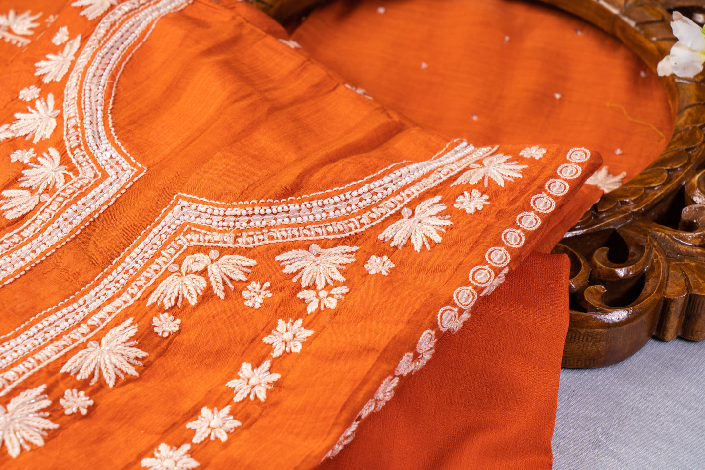 Orange Chikankari Mul Cotton Suit Set