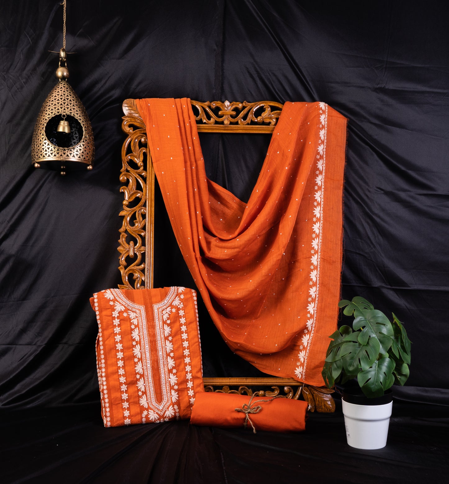 Orange Chikankari Mul Cotton Suit Set