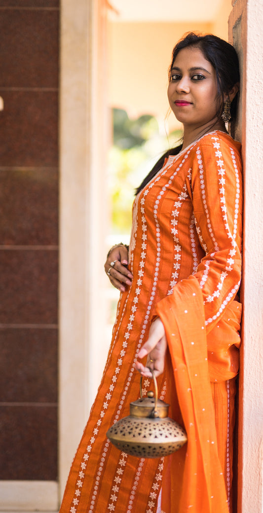 Orange Chikankari Mul Cotton Suit Set