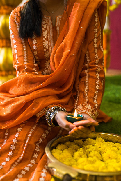 Orange Chikankari MulCotton Suit Set