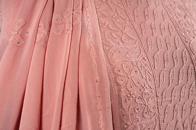 Peach Amber Georgette Unstitched Chikankari Suit Set