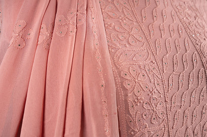 Peach Amber Georgette Unstitched Chikankari Suit Set