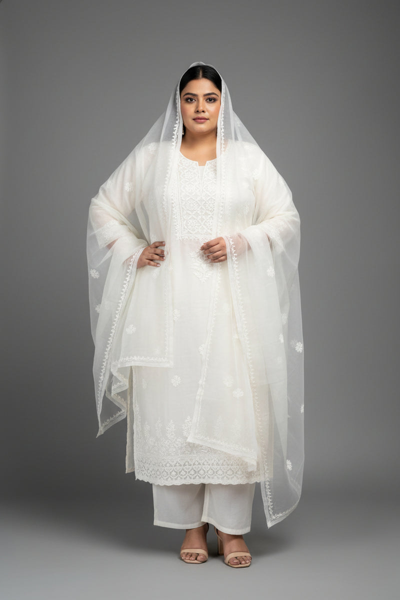 Pearl White Organza Chikankari Unstitched Suit Set