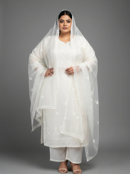 Pearl White Organza Chikankari Unstitched Suit Set