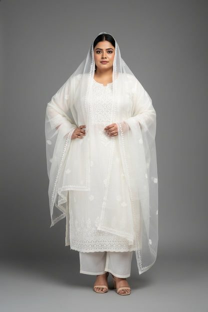 Pearl White Organza Chikankari Unstitched Suit Set