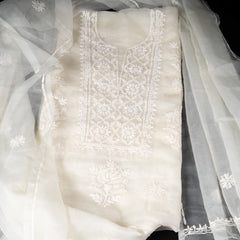 Pearl White Organza Chikankari Unstitched Suit Set