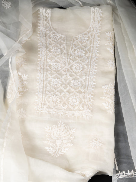 Pearl White Organza Chikankari Unstitched Suit Set