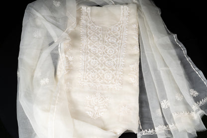 Pearl White Organza Chikankari Unstitched Suit Set