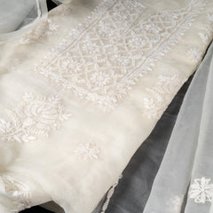 Pearl White Organza Chikankari Unstitched Suit Set