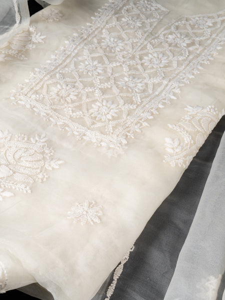 Pearl White Organza Chikankari Unstitched Suit Set