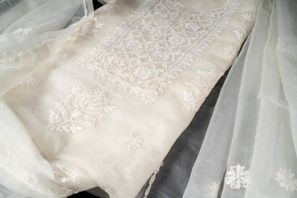 Pearl White Organza Chikankari Unstitched Suit Set