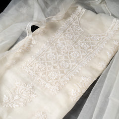 Pearl White Organza Chikankari Unstitched Suit Set