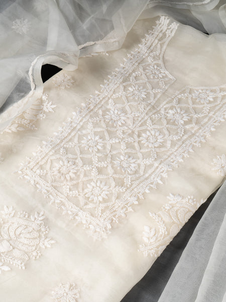Pearl White Organza Chikankari Unstitched Suit Set