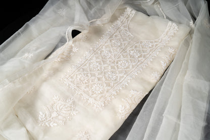 Pearl White Organza Chikankari Unstitched Suit Set