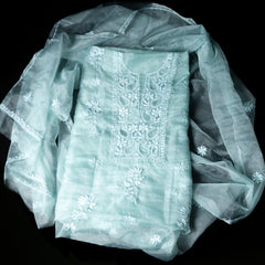 Pink and Blue Organza Chikankari Unstitched Suit Set