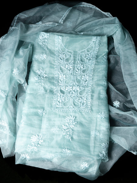 Pink and Blue Organza Chikankari Unstitched Suit Set