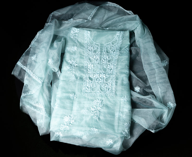 Pink and Blue Organza Chikankari Unstitched Suit Set