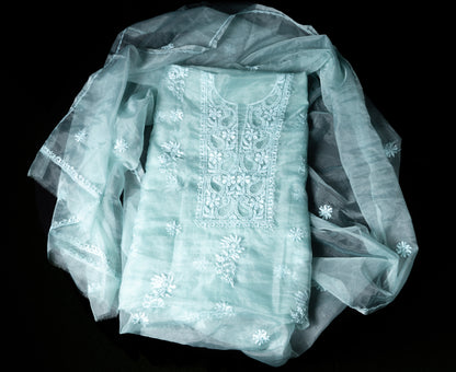 Pink and Blue Organza Chikankari Unstitched Suit Set