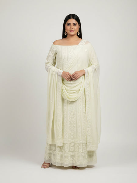 Lemon Yellow Chikankari Unstitched Suit Set