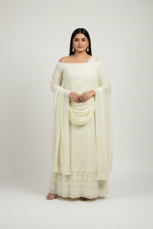 Lemon Yellow Chikankari Unstitched Suit Set