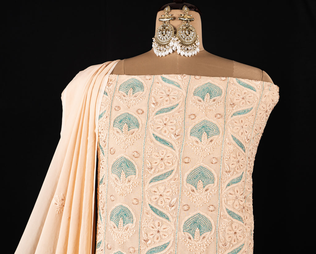 Pantone Buff Orange Chikankari Suit Set With Thread Embroidery