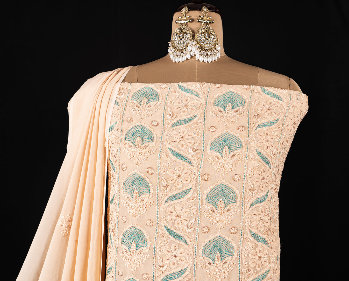 Pantone Buff Orange Chikankari Suit Set With Thread Embroidery