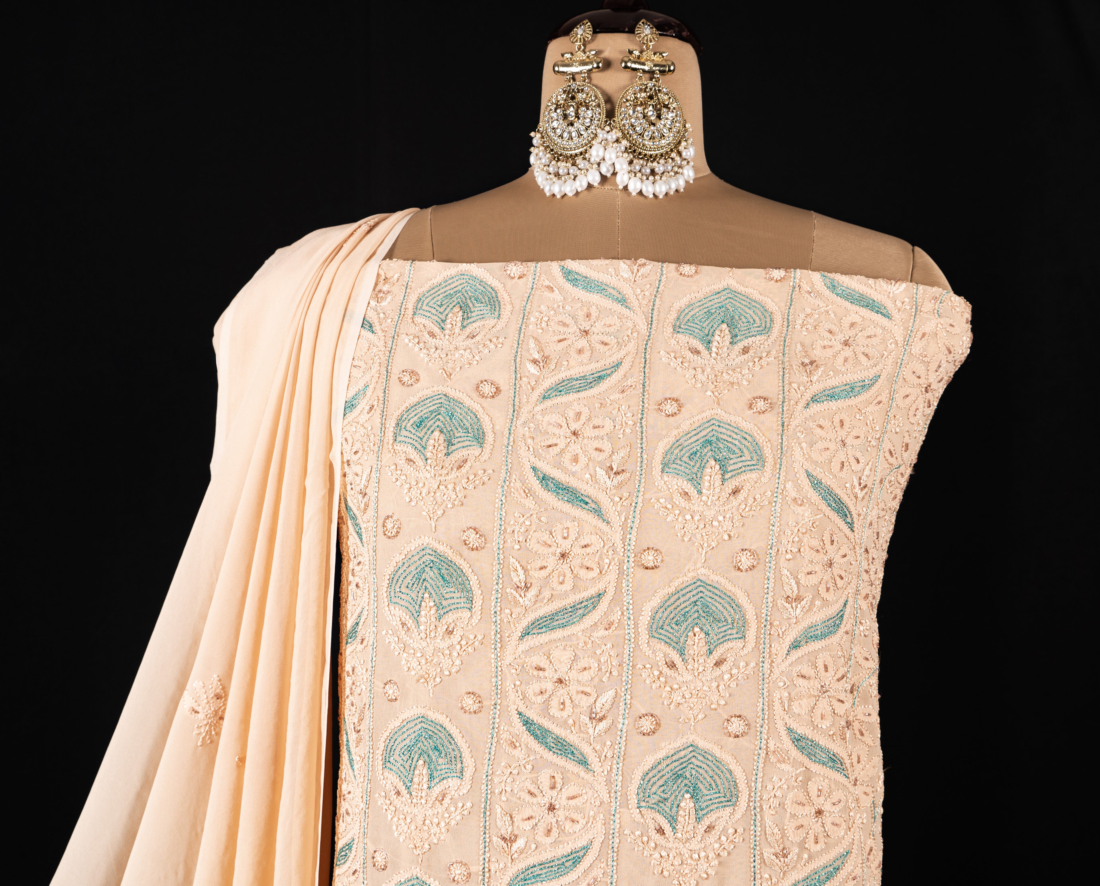 Pantone Buff Orange Chikankari Suit Set With Thread Embroidery