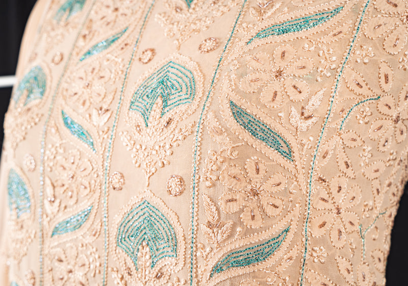 Buff Orange Unstitched Chikankari Suit Set With Thread Embroidery