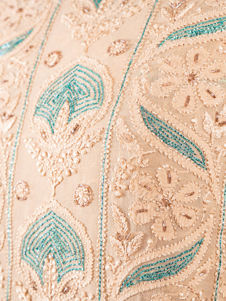 Buff Orange Unstitched Chikankari Suit Set With Thread Embroidery