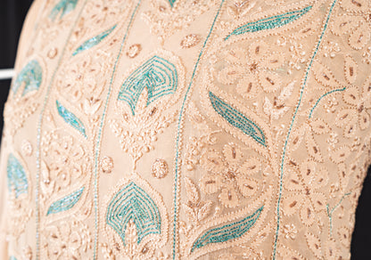 Pantone Buff Orange Chikankari Suit Set With Thread Embroidery