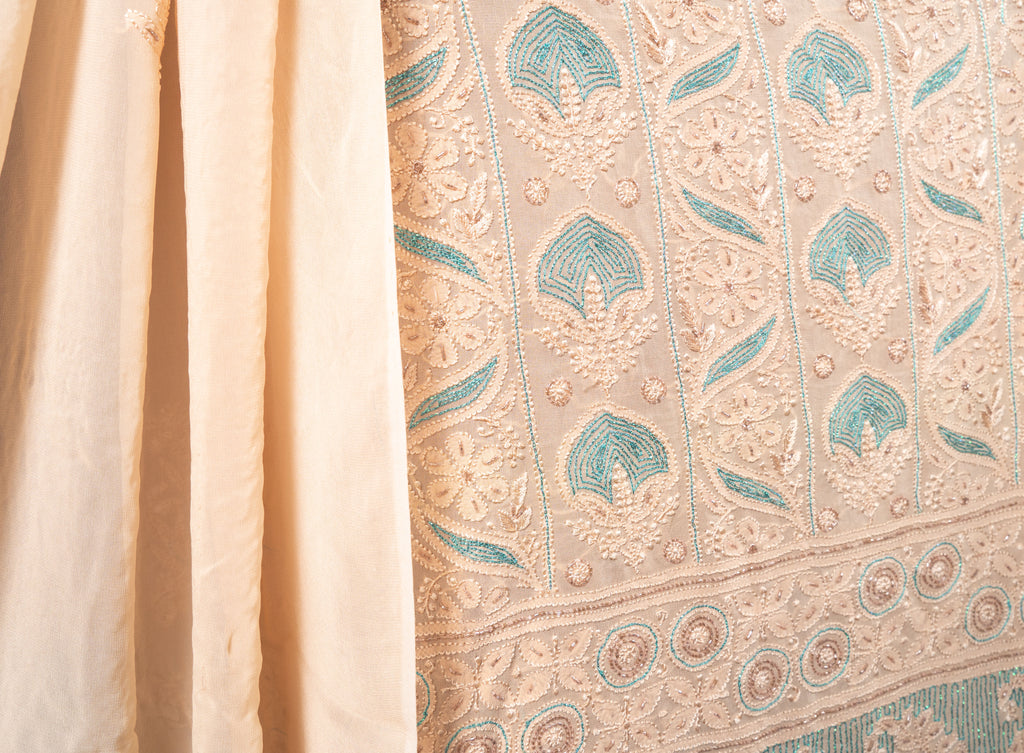Pantone Buff Orange Chikankari Suit Set With Thread Embroidery