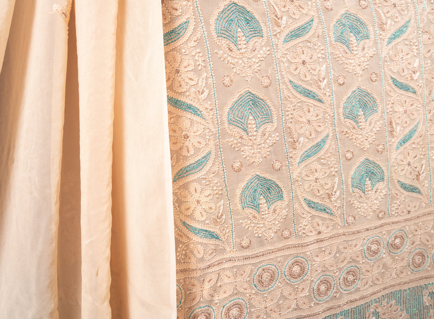 Pantone Buff Orange Chikankari Suit Set With Thread Embroidery