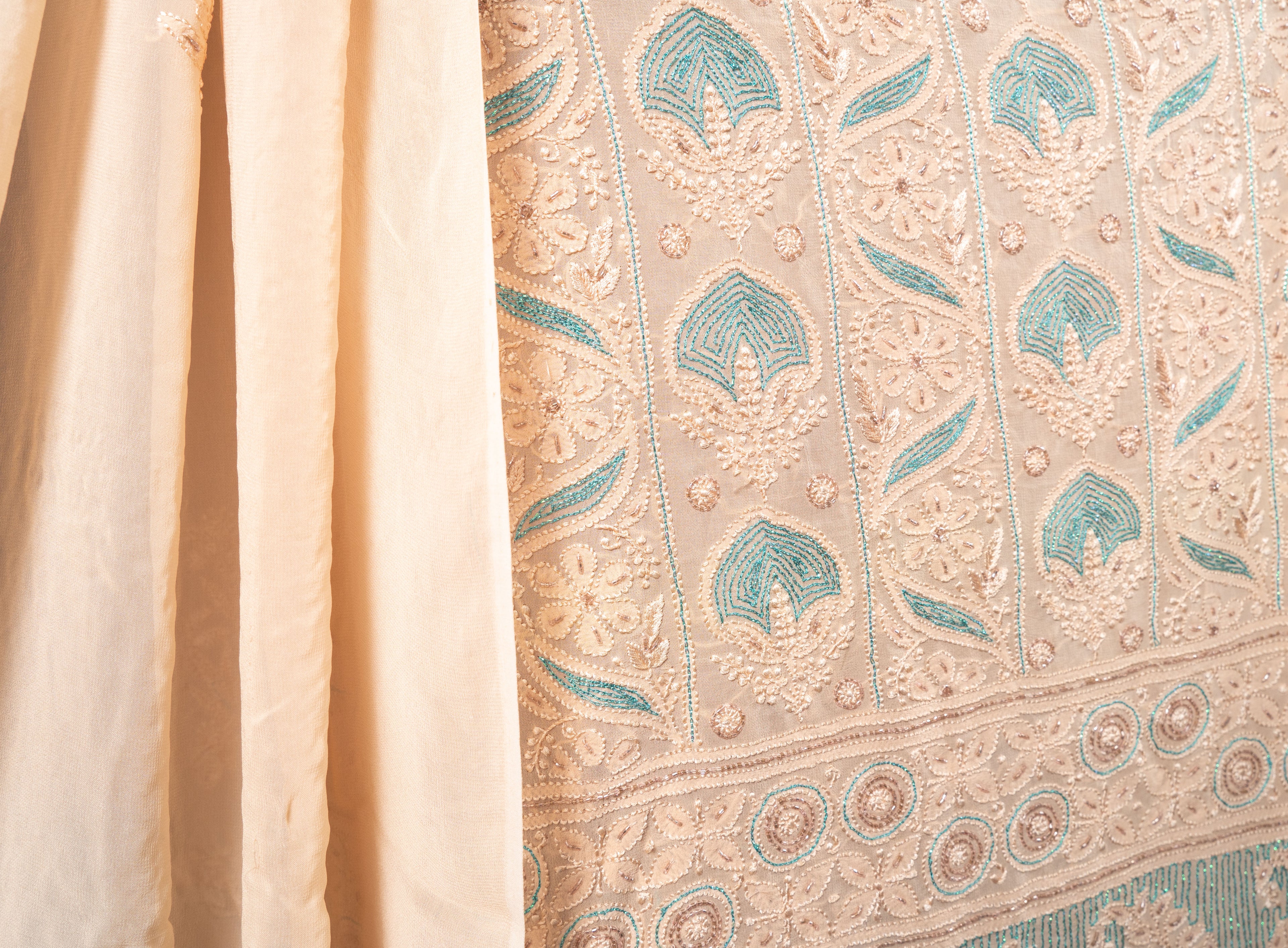 Pantone Buff Orange Chikankari Suit Set With Thread Embroidery