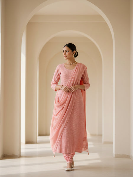 Peach Amber Georgette Unstitched Chikankari Suit Set