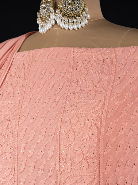 Peach Amber Georgette Unstitched Chikankari Suit Set