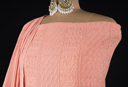 Peach Amber Georgette Unstitched Chikankari Suit Set